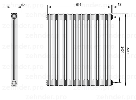 Схема (чертеж) Радиатор Zehnder Charleston 2250/14 №7610 Белый глянцевый RAL 9016